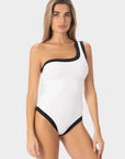 Ambra | Costume Intero Monospalla Bordato - Bianco/Nero - donna - Raggianti