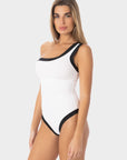 Ambra | Costume Intero Monospalla Bordato - Bianco/Nero - donna - Raggianti