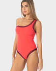 Ambra | Costume Intero Monospalla Bordato - Corallo/Borgogna - donna - Raggianti
