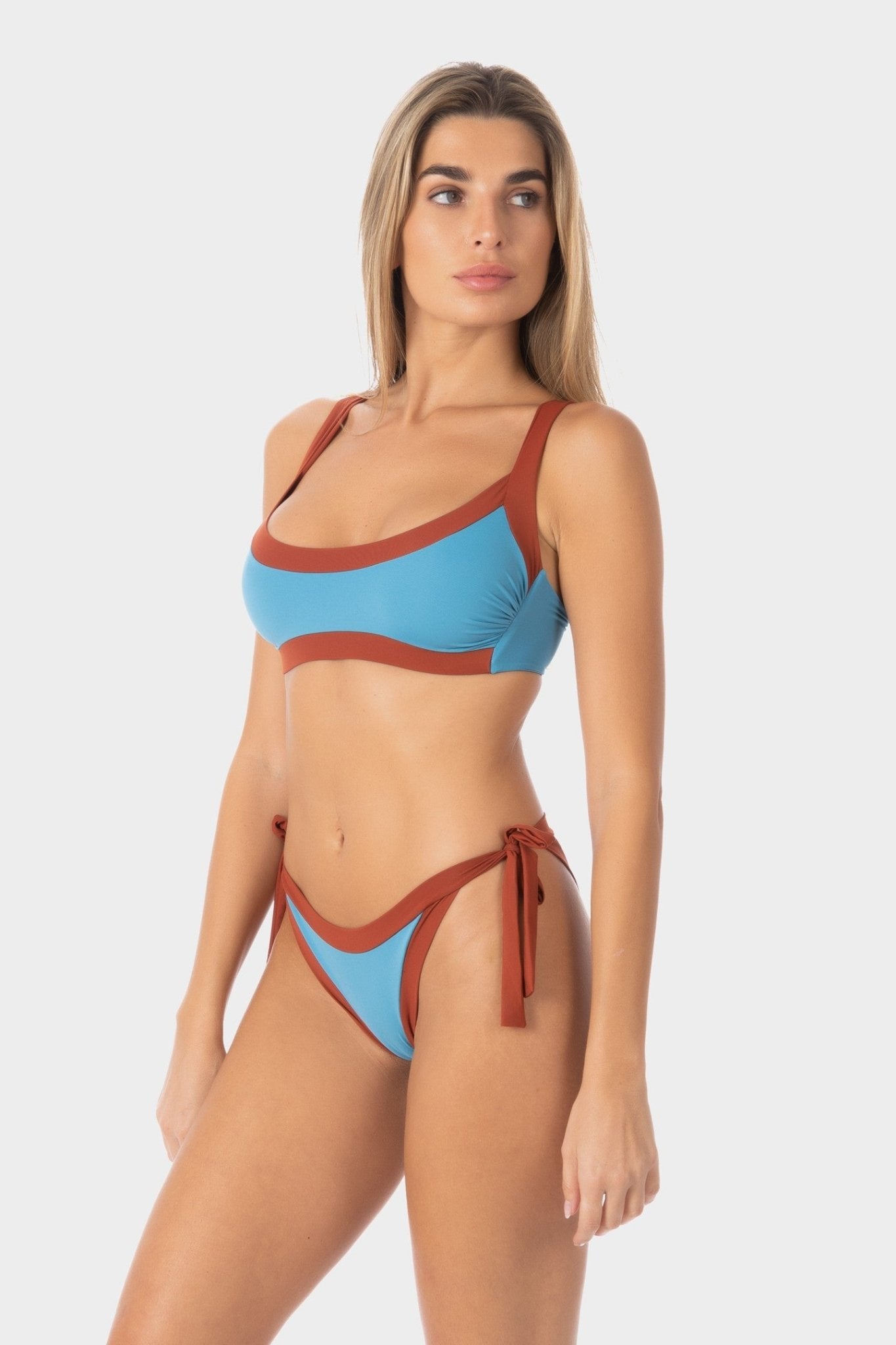 Elettra | Slip Bikini Bordato con Laccetti - Blu/Ruggine - donna - Raggianti