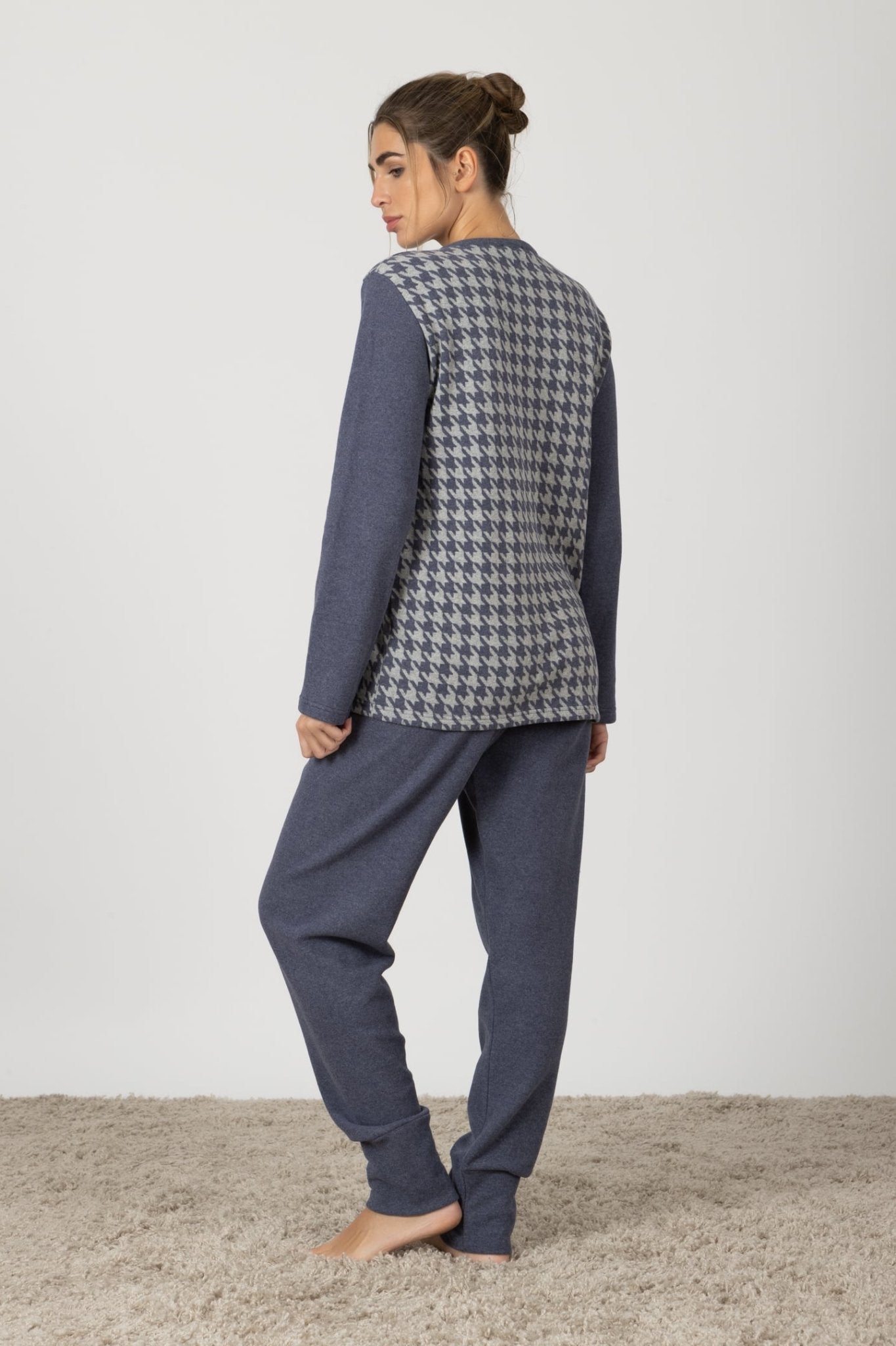 Agnese | Pigiama Lungo - Blu Denim Pied de Poule - donna - Raggianti