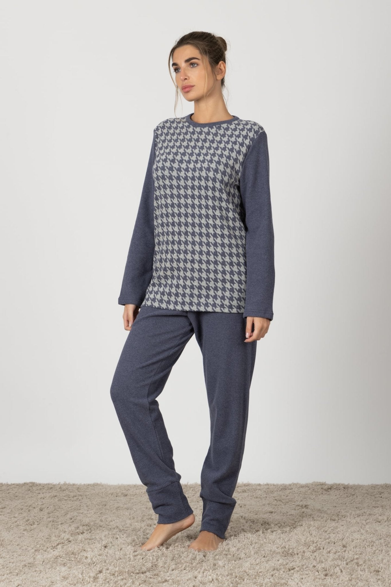 Agnese | Pigiama Lungo - Blu Denim Pied de Poule - donna - Raggianti