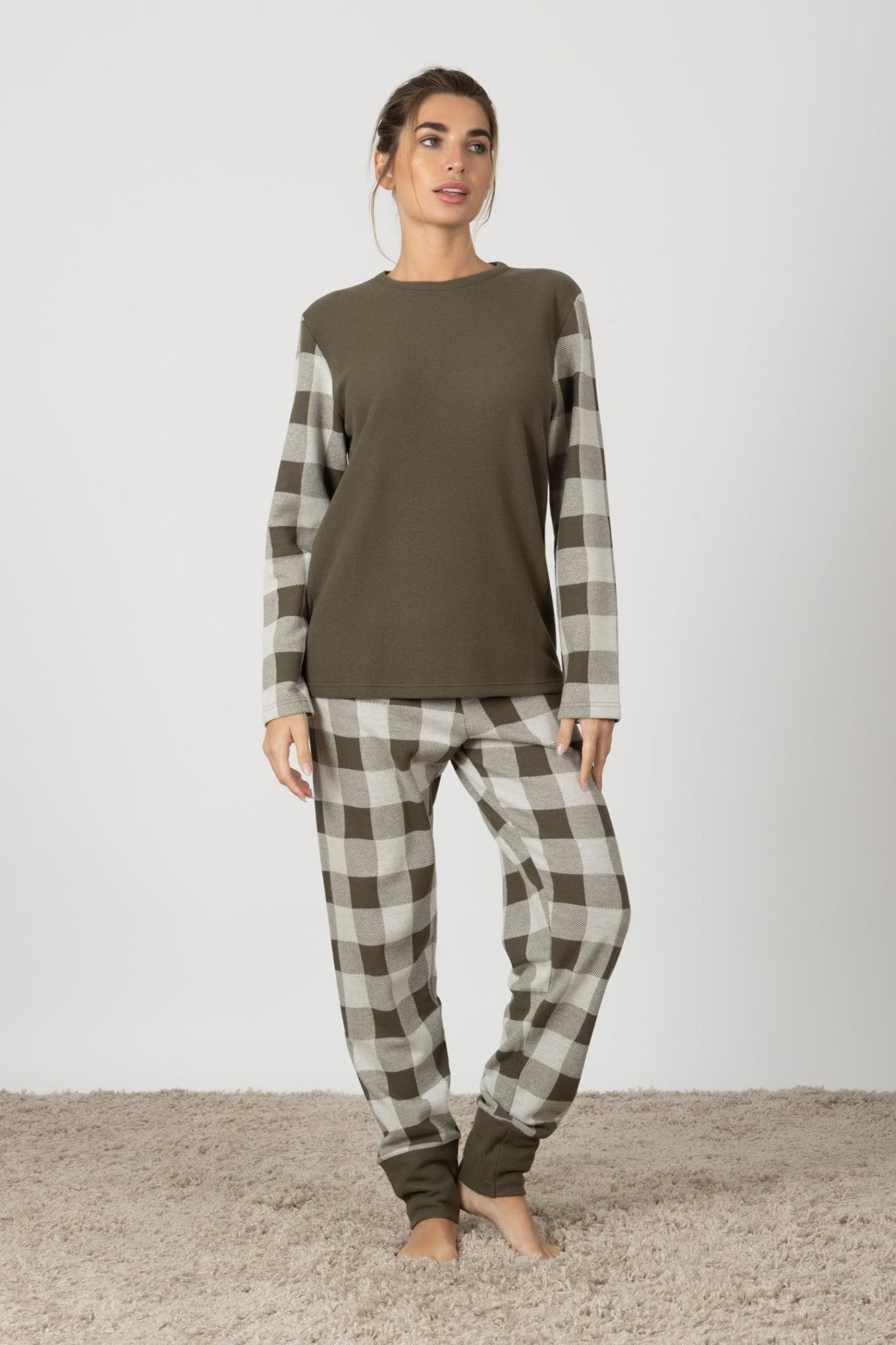 Agnese | Pigiama Lungo - Verde Militare Quadretti - donna - Raggianti