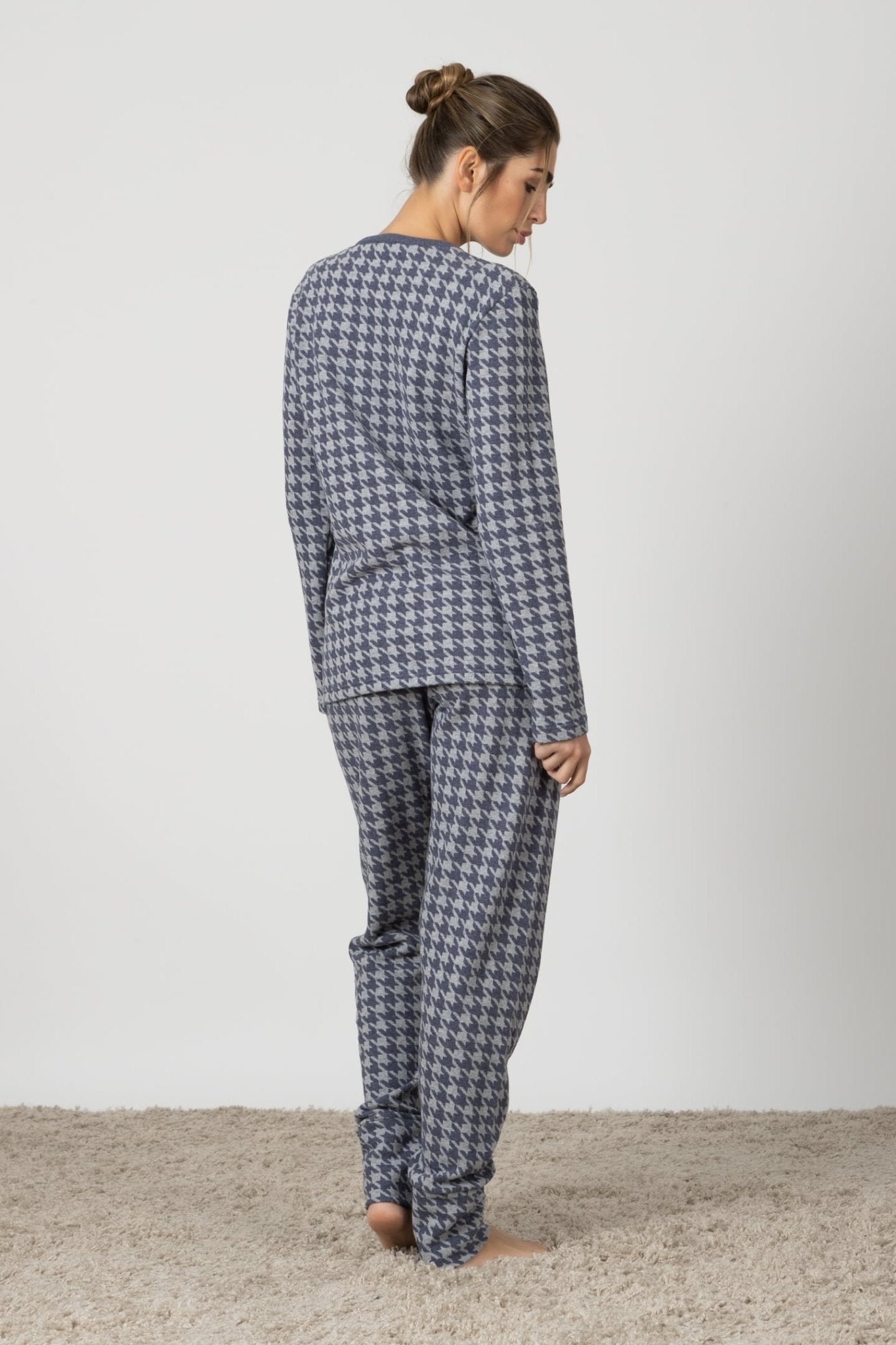 Simona | Pigiama Lungo - Blu Pied de Poule - donna - Raggianti