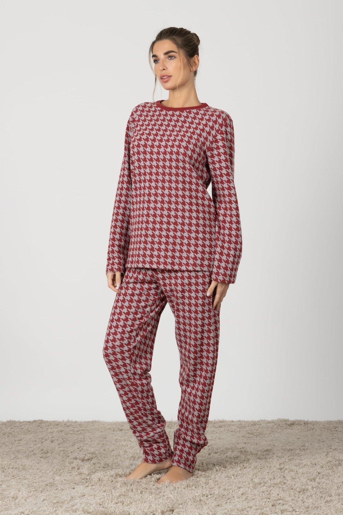 Simona | Pigiama Lungo - Rosso Pied de Poule - donna - Raggianti