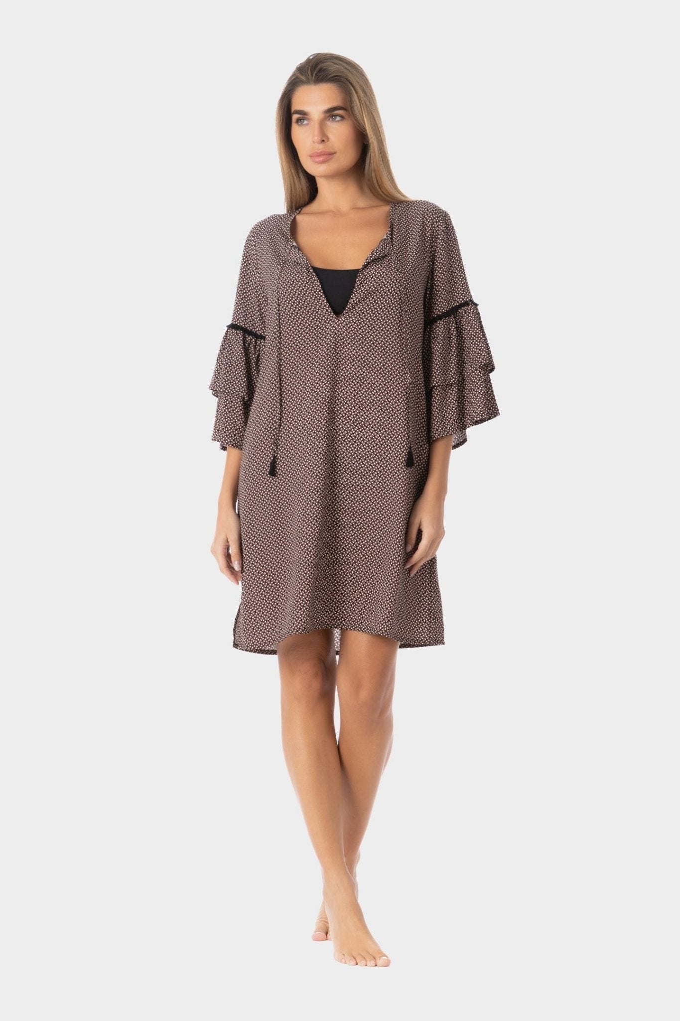 Alessia | Caftano con Volant (Stampa Micro) - Nero - donna - Raggianti